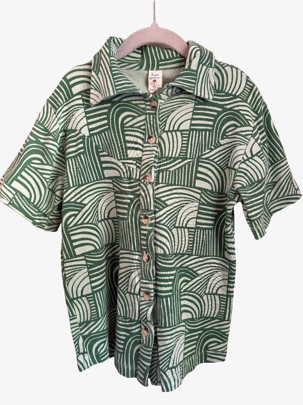 Kate Quinn Organic Cotton Green + Cream Trippy Pattern Button Down
